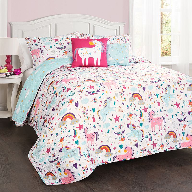 Lush Decor Unicorn Heart Quilt Set, White, Full/Queen