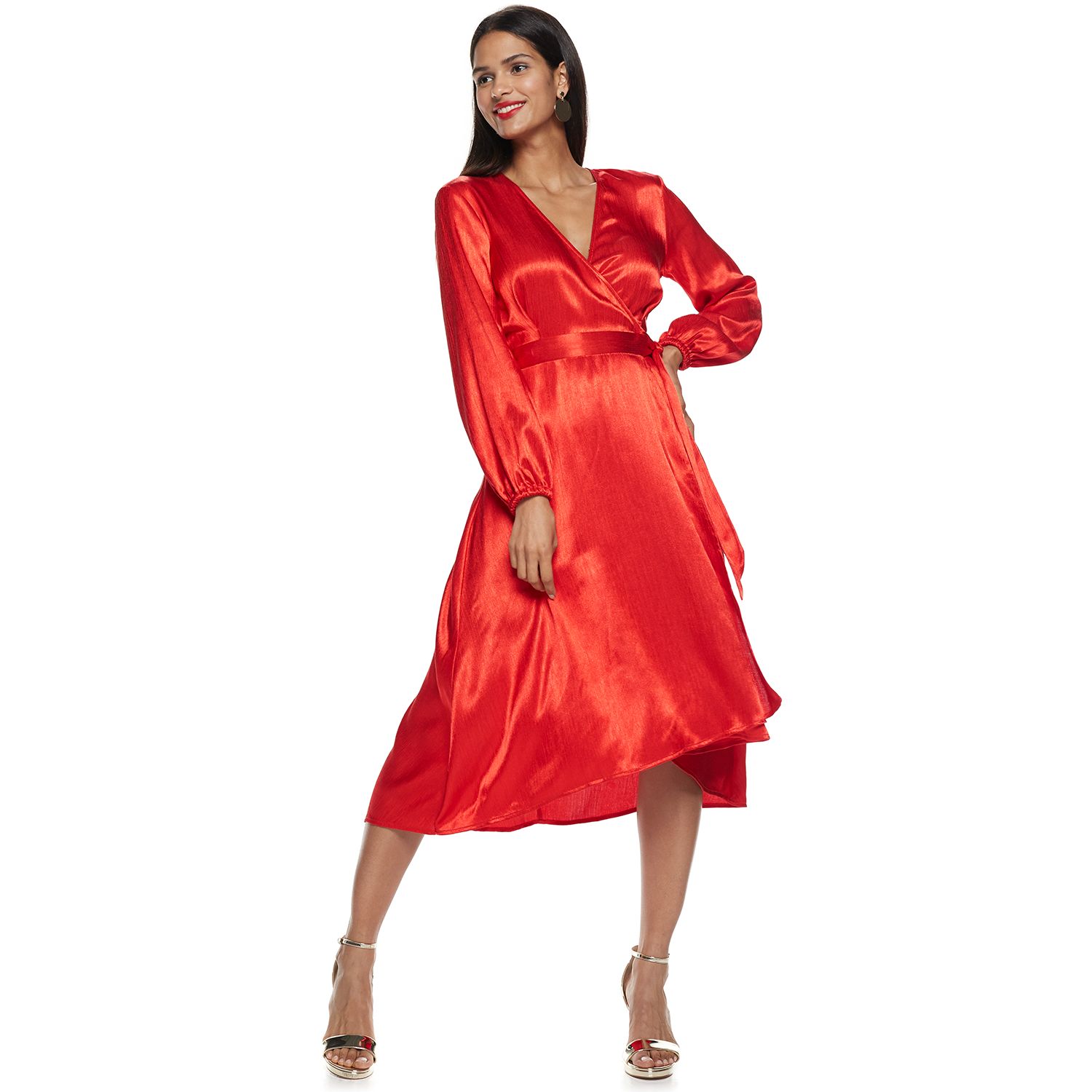 red long sleeve wrap dress