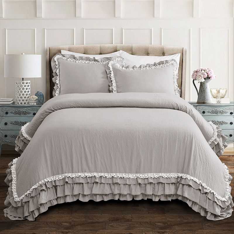 Lush Decor Ella Ruffle Lace Comforter Set, Grey, Full/Queen
