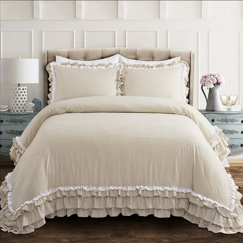 Lush Decor Ella Ruffle Lace Comforter Set, Beig/Green, Full/Queen