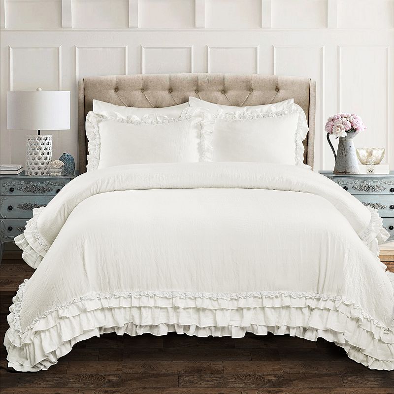 3pc Full/Queen Ella Lace Ruffle Comforter & Sham Set White - Lush Décor: OEKO-TEX Certified, Microfiber