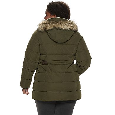Plus Size Halitech Faux-Fur Trim Hooded Microfiber Puffer Jacket