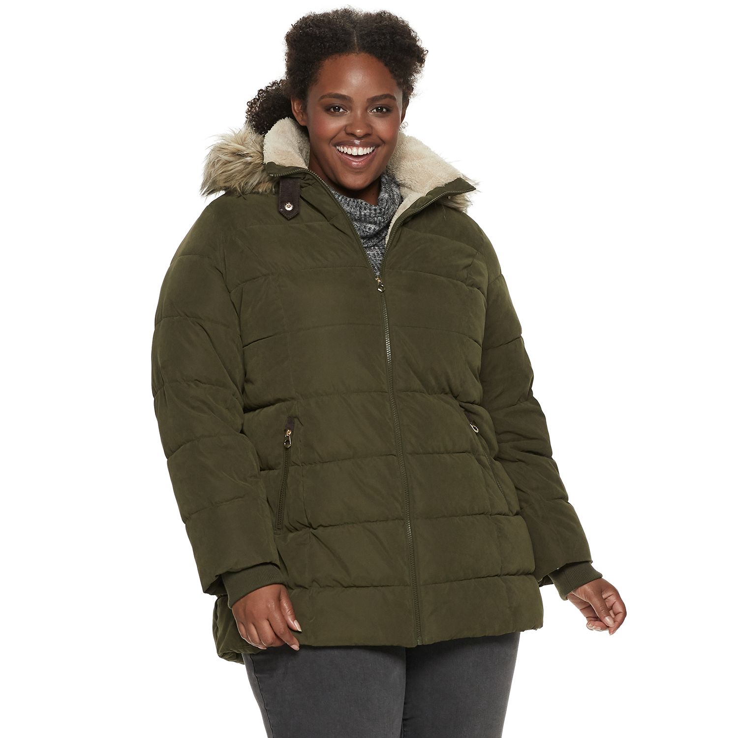 olive faux fur trim hooded puffer jacket