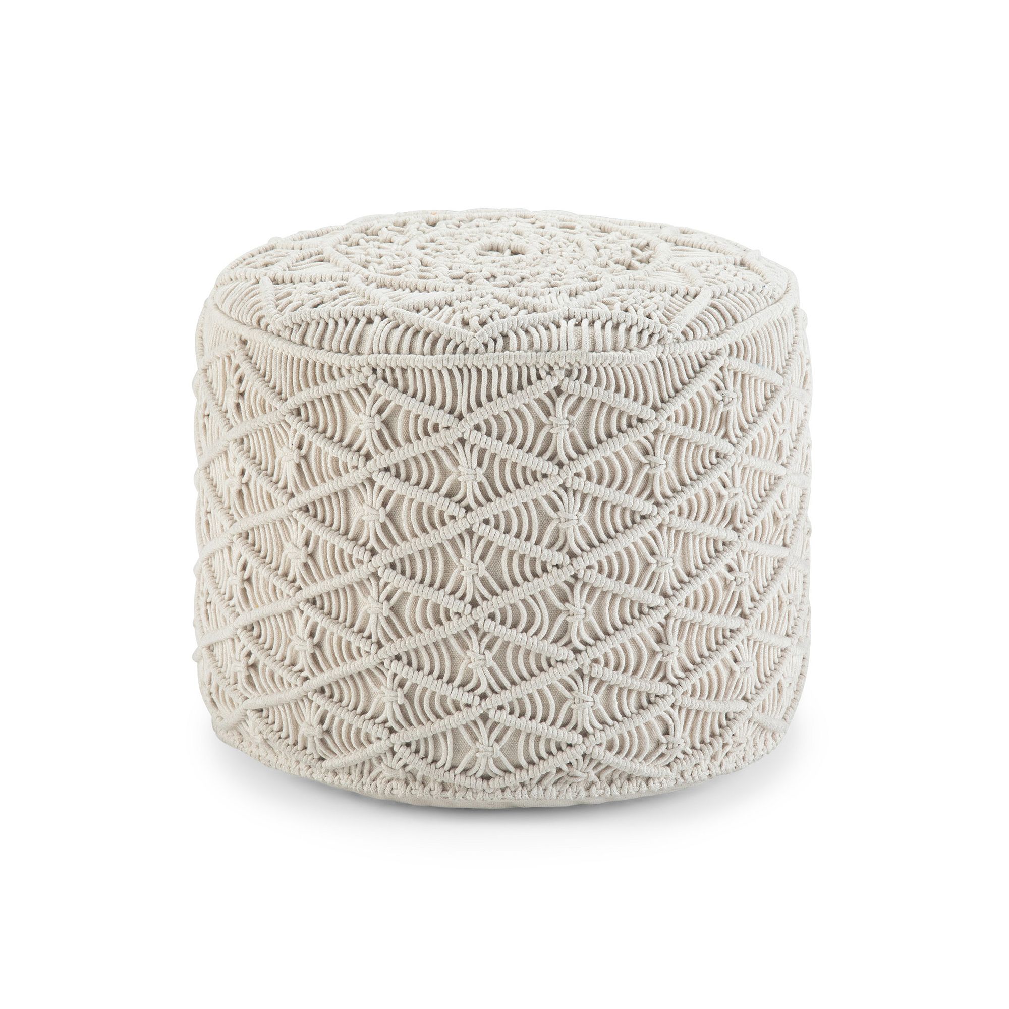 Simpli Home Coates Round Macrame Pouf, White