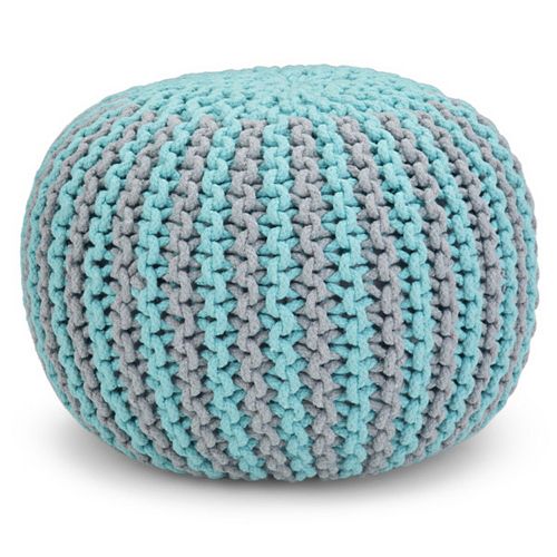 Simpli Home Celia Contemporary Round Hand Knit Pouf - Aqua, Grey Cotton