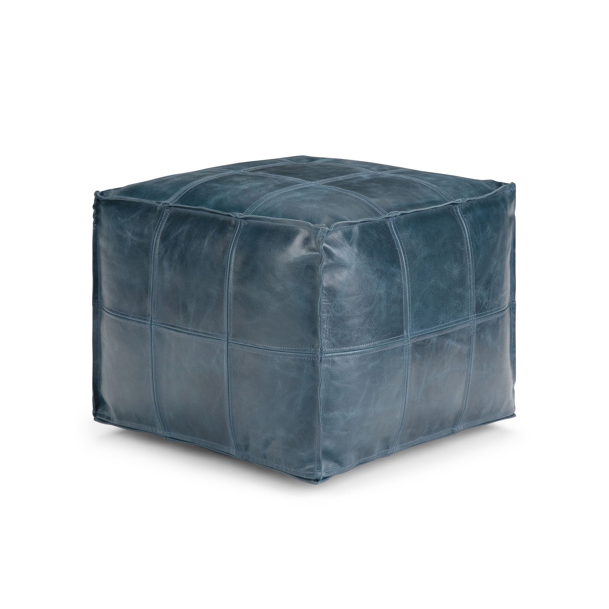 Simpli Home Manning Contemporary Square Pouf - Teal Leather, Blue