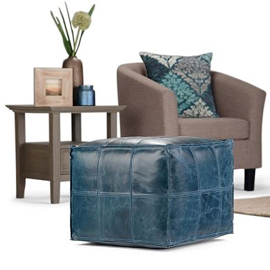 Simpli Home Manning Contemporary Square Pouf - Teal Leather