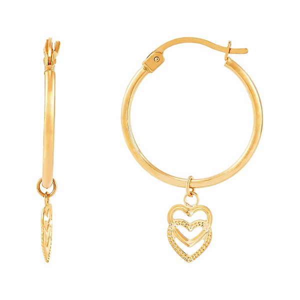 14k Gold Dangling Heart Hoop Earrings