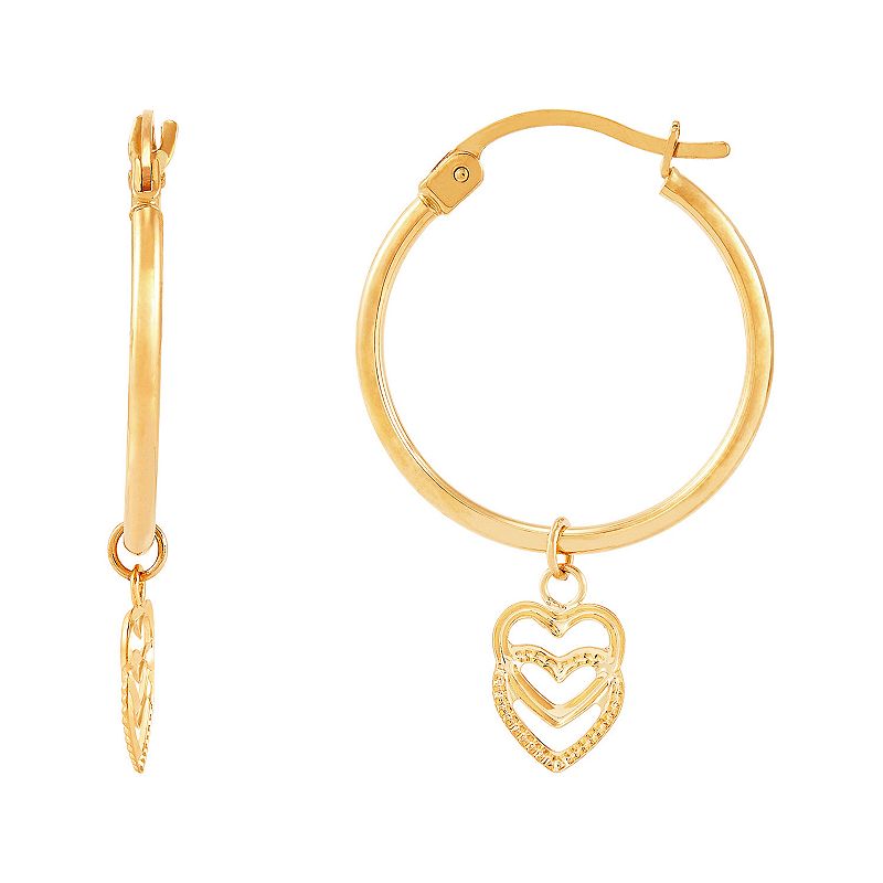 Everlasting Gold 14k Gold Dangling Heart Hoop Earrings, Womens, Yellow
