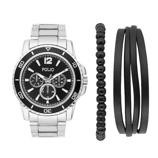 Folio Men's Matte Black Metal Bracelet Watch, Black Dial and Layered  Bracelets Gift Set