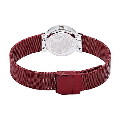 BERING Women's Classic Watch With Crystals & Red Mesh Strap