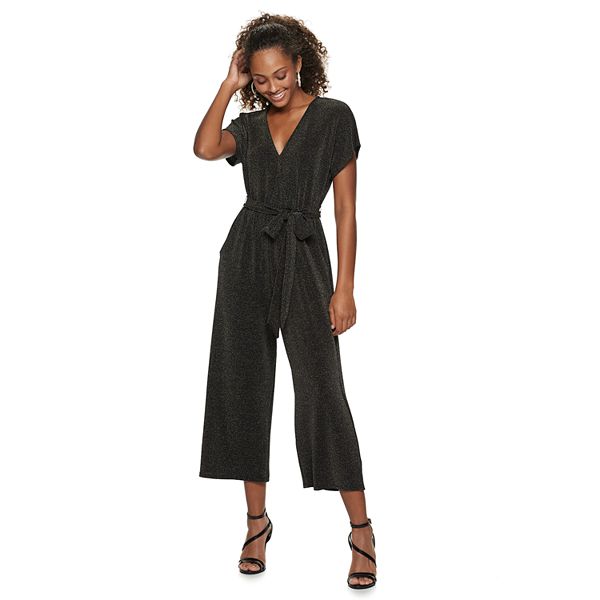 Juniors' Live To Be Spoiled Short Sleeve Glitter Knit Jumpsuit