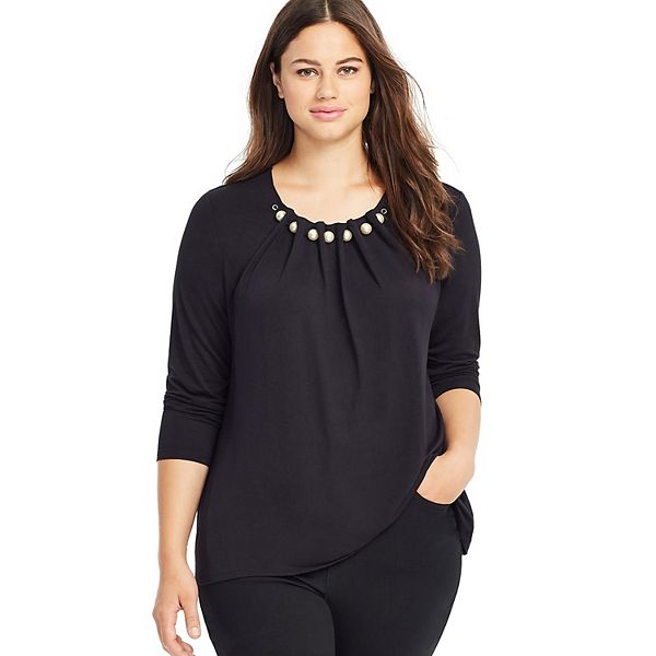 Plus Size East Adeline by Dia & Co 3/4 Sleeve Pearl Neck Top