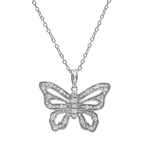 La Joya 1/8 ct Round White Natural Diamond 925 Sterling Silver Butterfly Pendant Necklace for Teens Womens