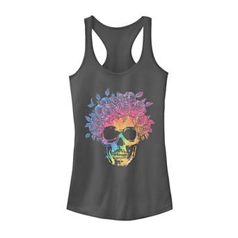 Juniors' Skull Tie Dye Flowers Tank Top