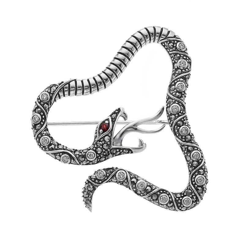 Lavish by TJM Sterling Silver Garnet, Cubic Zirconia & Marcasite Serpent Br