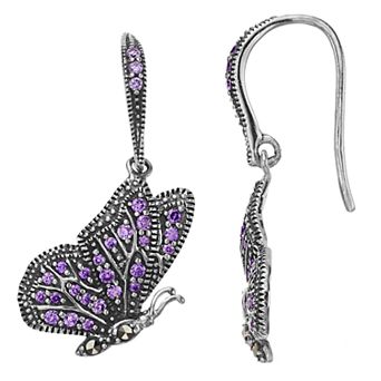 Lavish by TJM Sterling Silver Purple Cubic Zirconia & Marcasite Butterfly Earrings