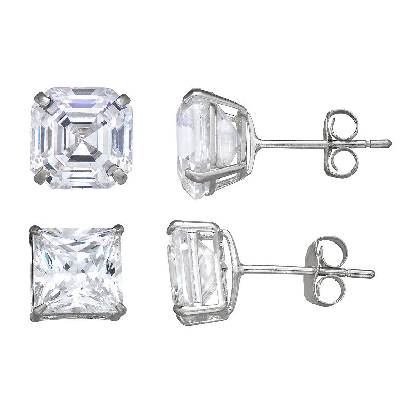 Forever 14K White Gold Round & Square Cubic Zirconia Stud Earring Set, Wome