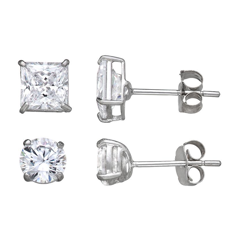 Forever 14K White Gold Round & Square Cubic Zirconia Stud Earring Set, Wome