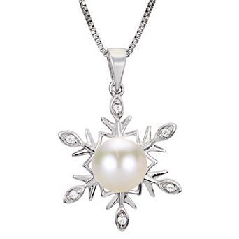PearLustre by Imperial Sterling Silver Freshwater Cultured Pearl & White Topaz Snowflake Pendant Necklace