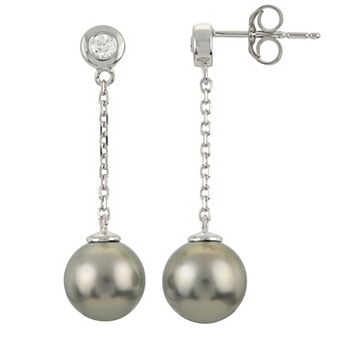 PearLustre by Imperial 14Kt White Gold Tahitian Cultured Pearl & Diamond Chain Drop Earrings