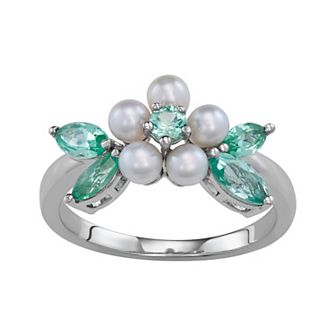 Classic Treasures Freshwater Cultured Pearl & Lab Created Spinel Floral Ring