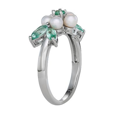Classic Treasures Freshwater Cultured Pearl & Lab Created Spinel Floral Ring