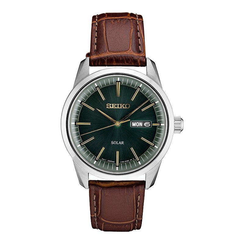 Seiko Men's Leather Strap Solar Watch - SNE529, Size: Large, Silver Tone