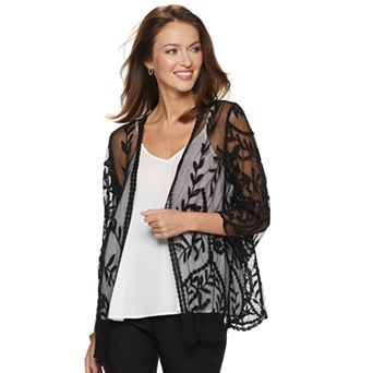 Women's Nina Leonard Floral Embroidered Mesh Long Bolero