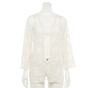 Women's Nina Leonard Floral Embroidered Mesh Long Bolero