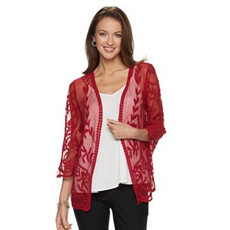 Women's Nina Leonard Floral Embroidered Mesh Long Bolero