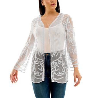 Women's Nina Leonard Floral Embroidered Mesh Long Bolero