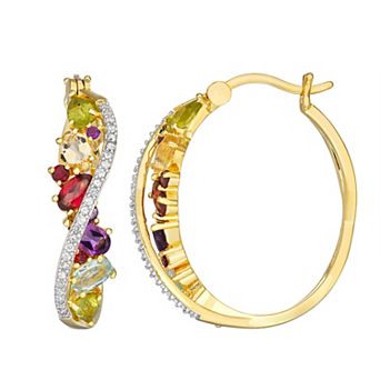 Classic Treasures 18K Gold over Sterling Silver Gemstone & 1/10 Carat T.W. Diamond Hoop Earrings