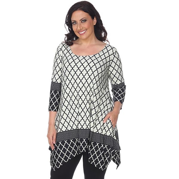 Plus Size White Mark Printed Tunic Top with Pockets