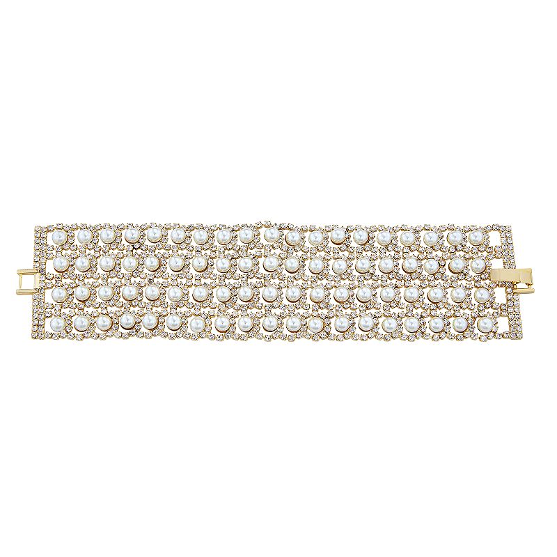 Simulated Crystal and Simulated Pearl Wide Bracelet, Womens, Gold