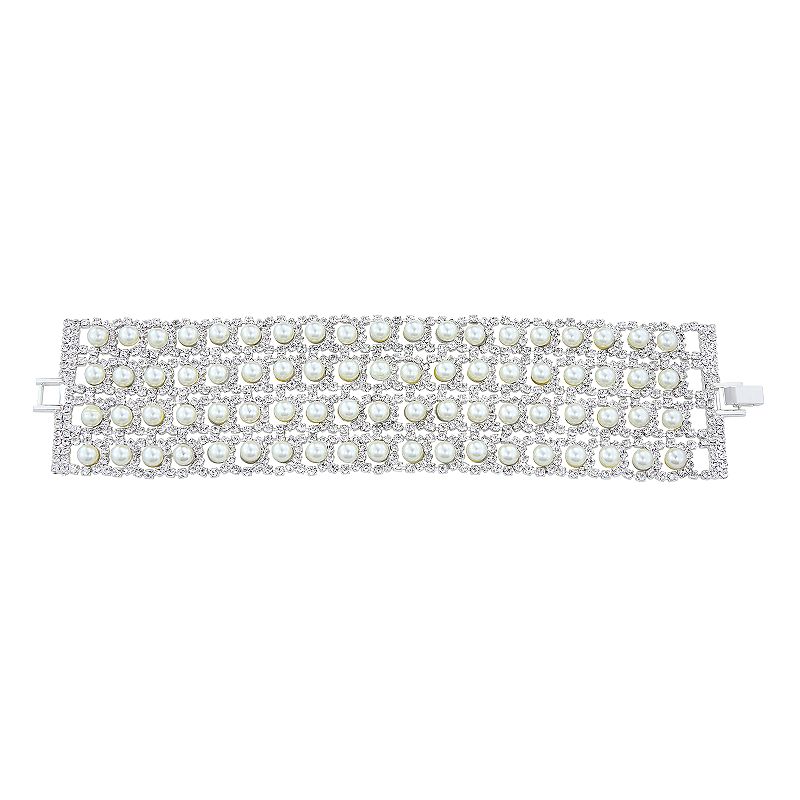 Simulated Crystal and Simulated Pearl Wide Bracelet, Womens, Silver
