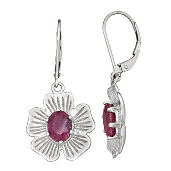 Jewelexcess Sterling Silver Ruby Flower Leverback Earrings