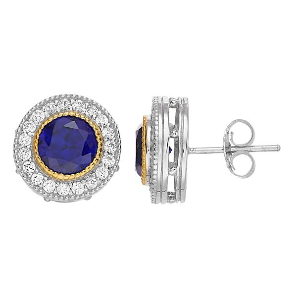 Simulated Gemstone and Clear Cubic Zirconia Halo Stud Earring in 14K Gold Over Sterling Silver