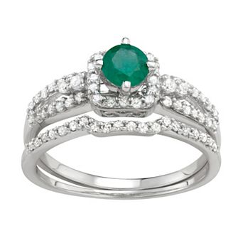 HDI 10k White Gold Emerald & 1 Carat T.W. Diamond Engagement Ring Set
