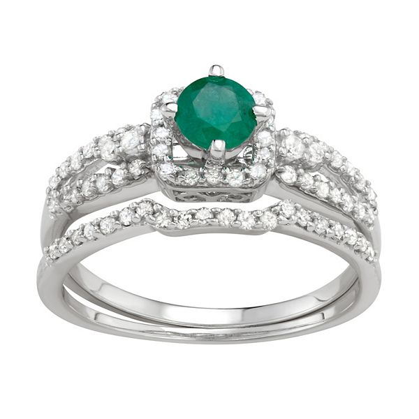 10k White Gold Emerald & 1 Carat T.W. Diamond Engagement Ring Set