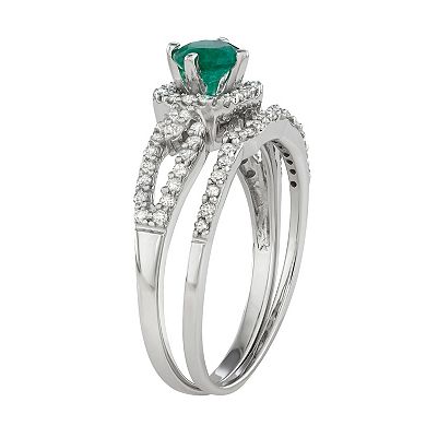 10k White Gold Emerald & 1 Carat T.W. Diamond Engagement Ring Set