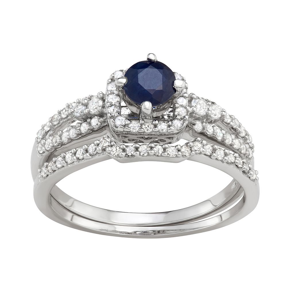 HDI 10k White Gold 1/2 Carat T.W. Diamond & Sapphire Engagement Ring Set