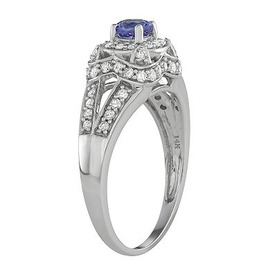14k White Gold 1/2 Carat T.W. Diamond & Tanzanite Halo Engagement Ring