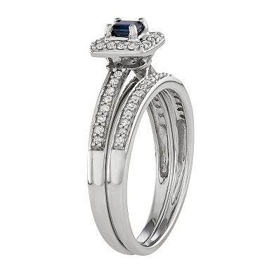 10k White Gold 1/3 Carat T.W. Diamond & Gemstone Square Halo Engagement Ring Set