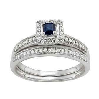 HDI 10k White Gold 1/3 Carat T.W. Diamond & Gemstone Square Halo Engagement Ring Set