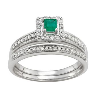 HDI 10k White Gold 1/3 Carat T.W. Diamond & Gemstone Square Halo Engagement Ring Set