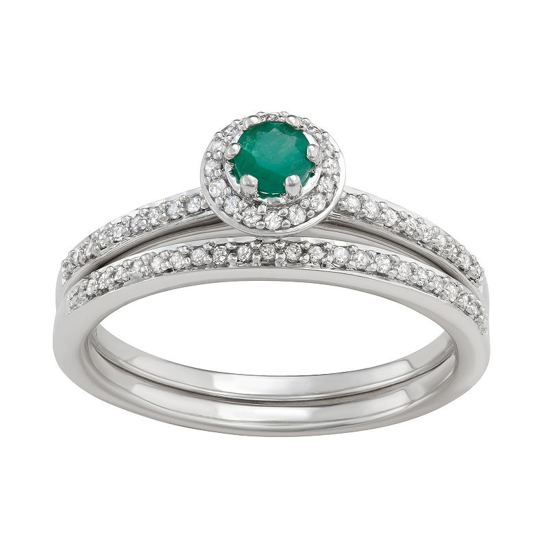 10k White Gold 1/3 Carat T.W. Diamond & Gemstone Halo Engagement Ring Set, 