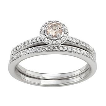 HDI 10k White Gold 1/3 Carat T.W. Diamond & Morganite Halo Engagement Ring Set