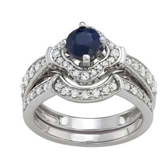 HDI 14k White Gold 1/2 Carat T.W. Diamond & Gemstone Halo Engagement Ring Set