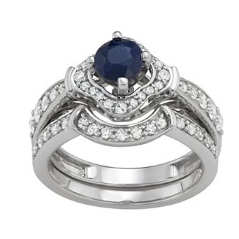 HDI 14k White Gold 1/2 Carat T.W. Diamond & Gemstone Halo Engagement Ring Set